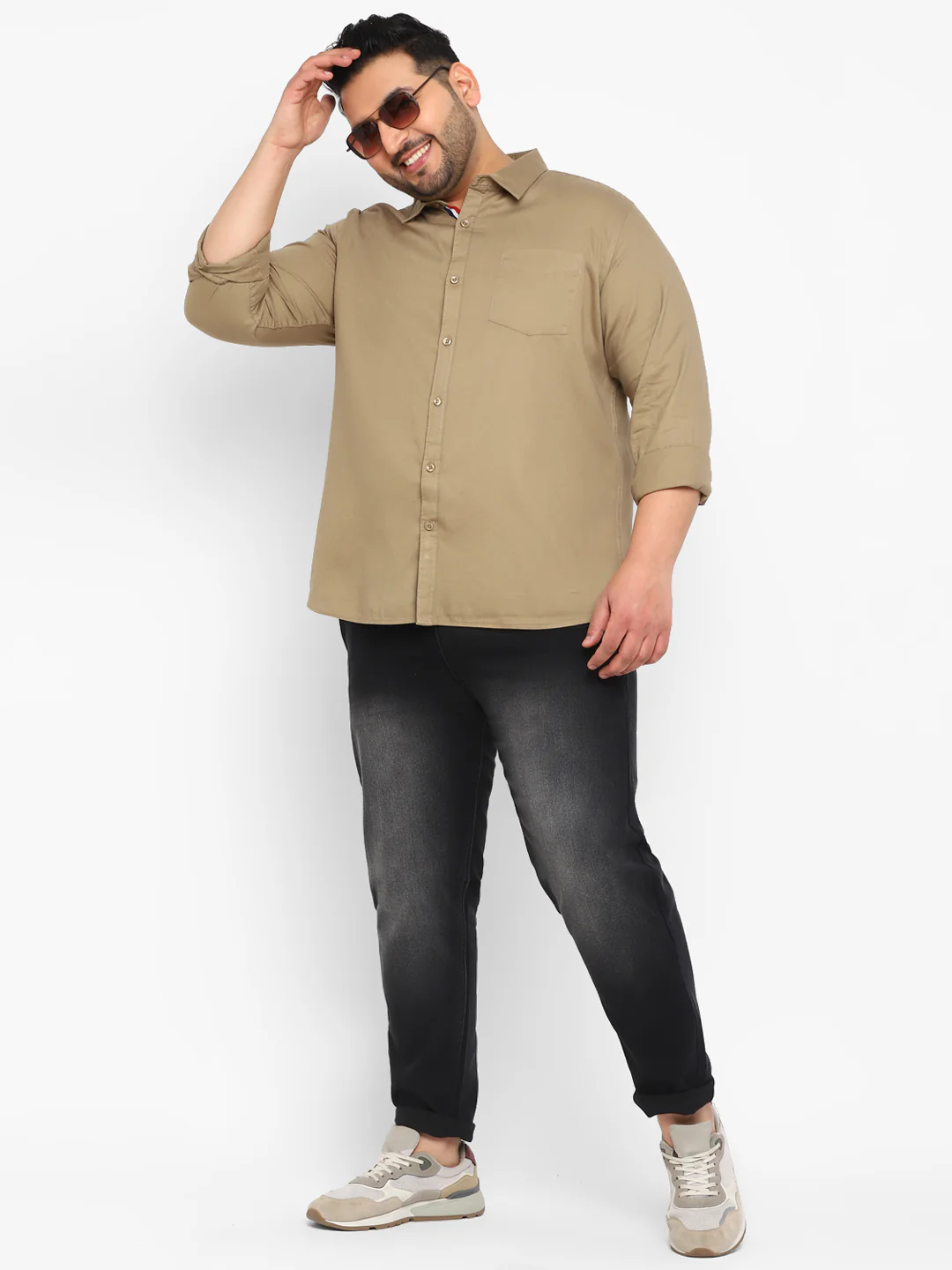 Plus Men's Khaki Cotton Full Sleeve Regular Fit Casual Solid Shirt - Image 4