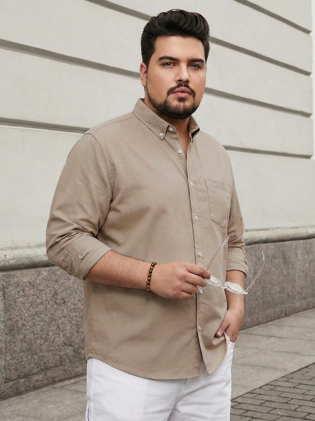 Plus Men's Khaki Cotton Full Sleeve Regular Fit Solid Oxford Shirt With Button-Down Collar