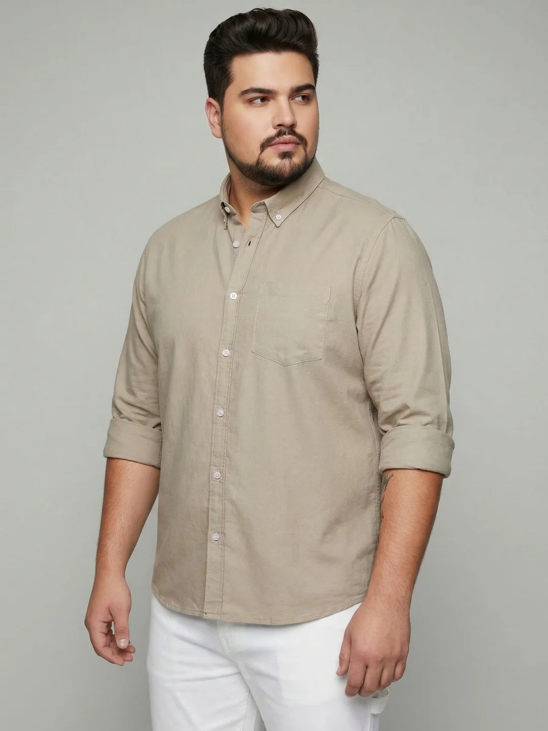 Plus Men's Khaki Cotton Full Sleeve Regular Fit Solid Oxford Shirt With Button-Down Collar - Image 2