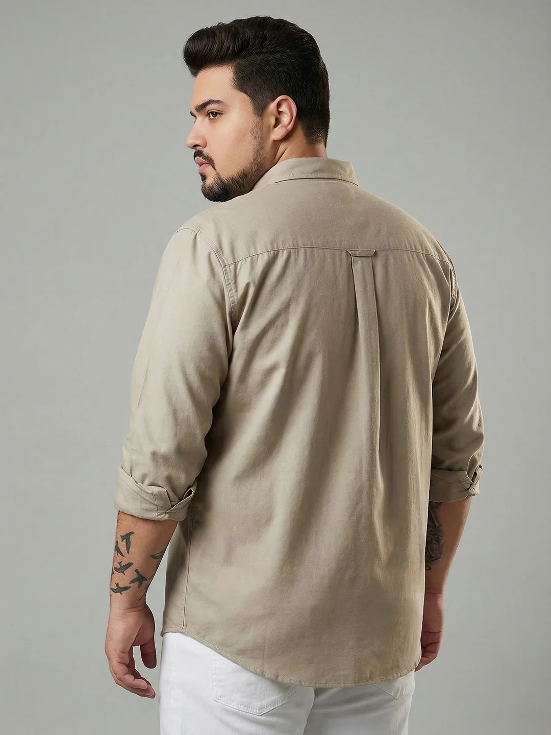 Plus Men's Khaki Cotton Full Sleeve Regular Fit Solid Oxford Shirt With Button-Down Collar - Image 3