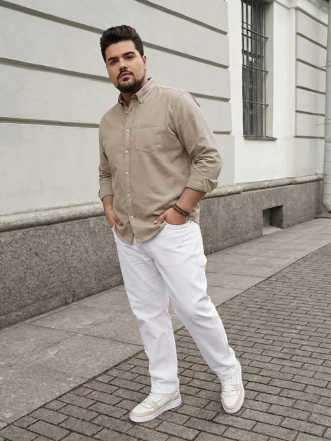 Plus Men's Khaki Cotton Full Sleeve Regular Fit Solid Oxford Shirt With Button-Down Collar - Image 4