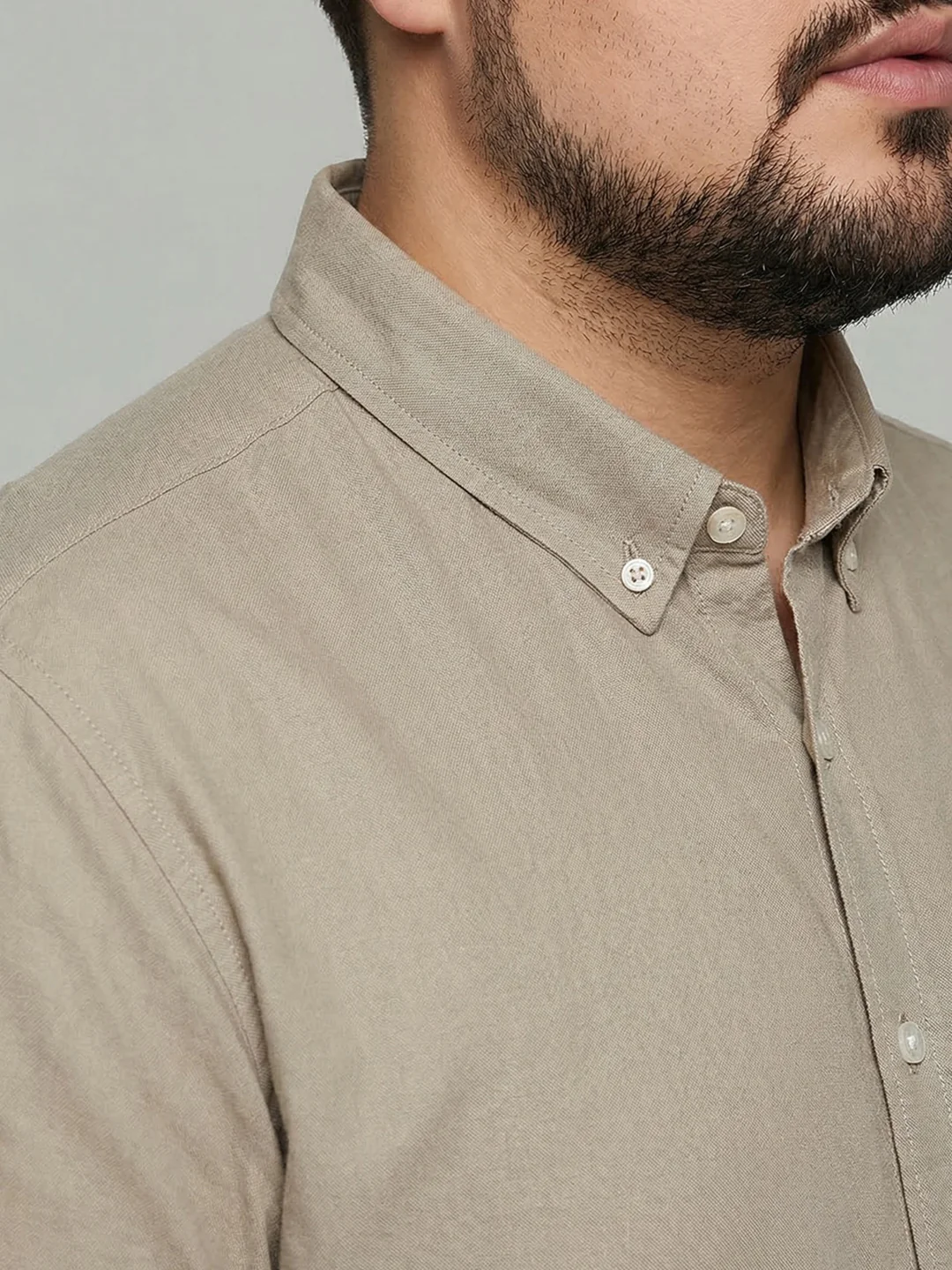Plus Men's Khaki Cotton Full Sleeve Regular Fit Solid Oxford Shirt With Button-Down Collar - Image 5