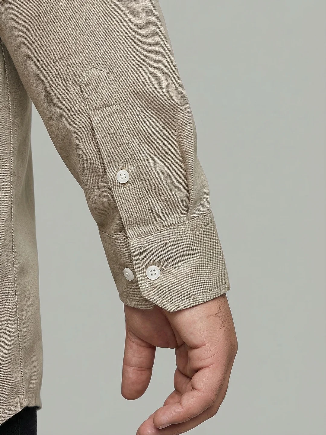 Plus Men's Khaki Cotton Full Sleeve Regular Fit Solid Oxford Shirt With Button-Down Collar - Image 6