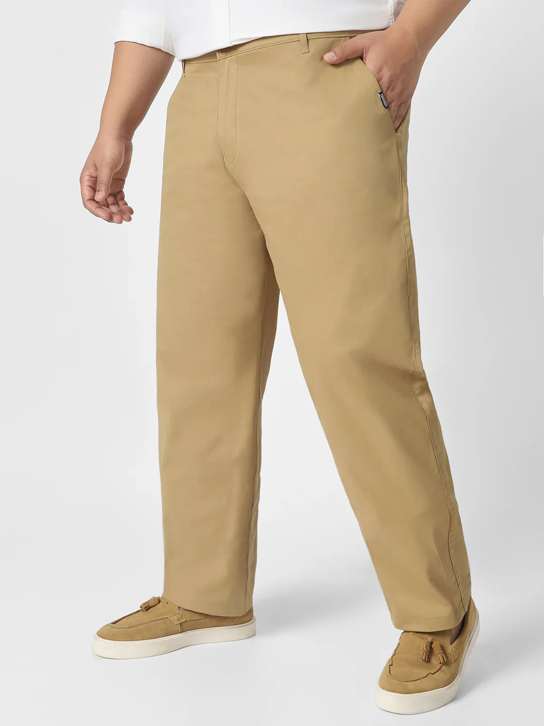 Plus Men's Khaki Cotton Regular Fit Casual Chinos Trousers Stretch - Image 2