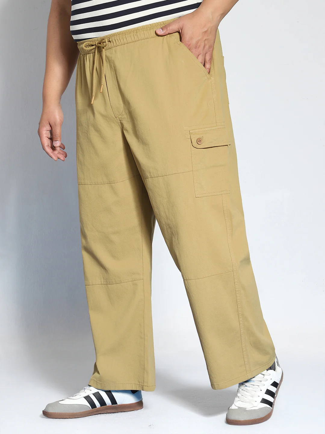 Plus Men's Khaki Loose Baggy Fit Cargo Jogger Chino Pant with 6 Pockets Stretchable - Image 2