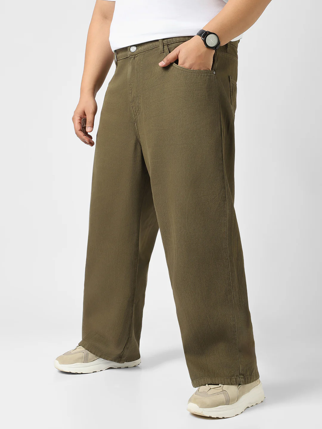 Plus Men's Khaki Loose Baggy Fit Washed Jeans Non-Stretchable - Image 2