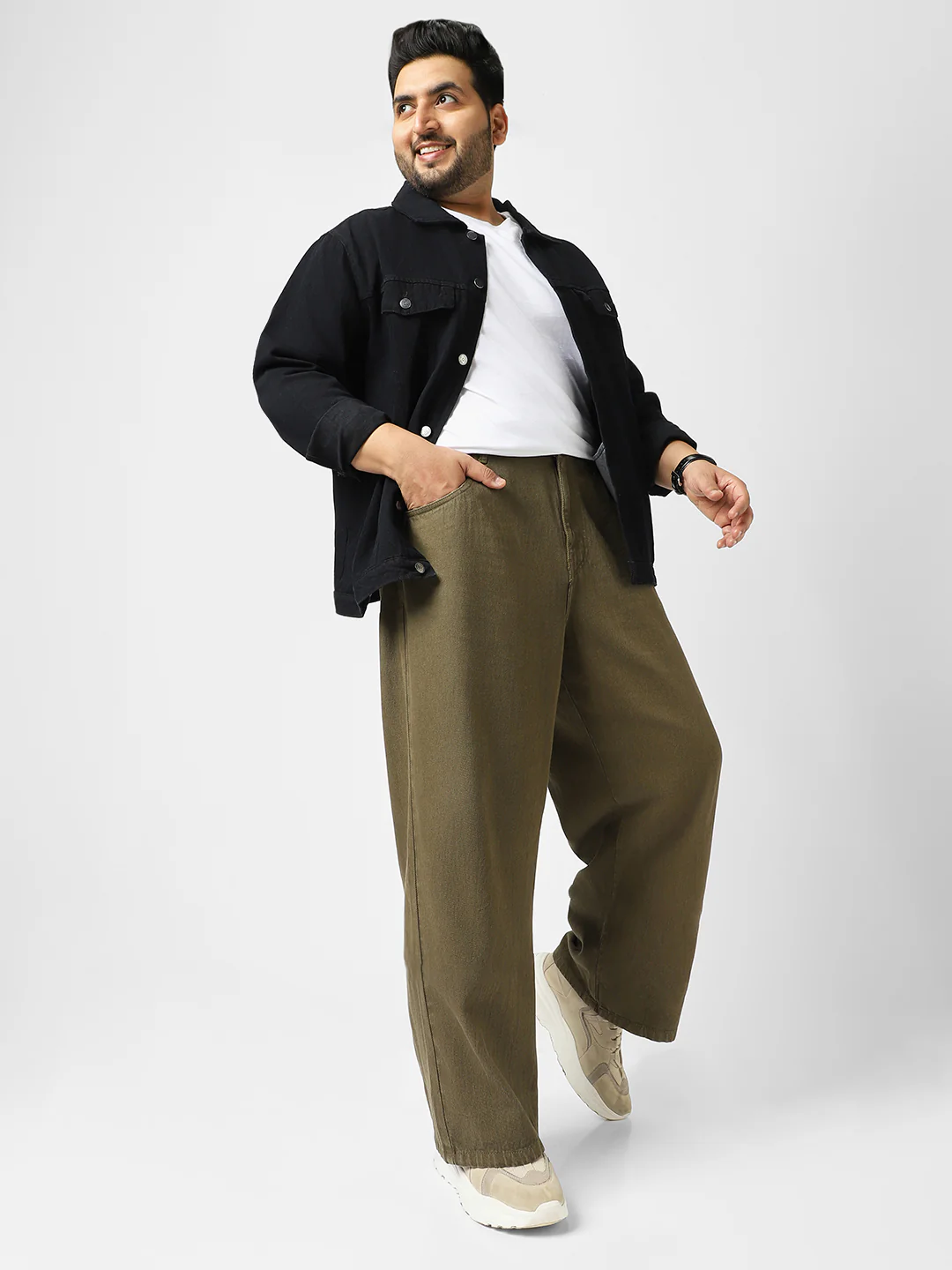 Plus Men's Khaki Loose Baggy Fit Washed Jeans Non-Stretchable - Image 4