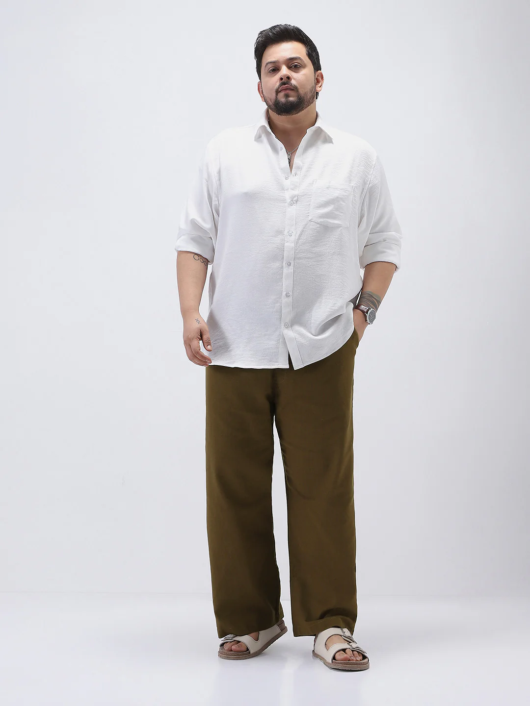 Plus Men's Khaki Loose Fit Solid Linen Blend Trousers Non-Stretchable - Image 4