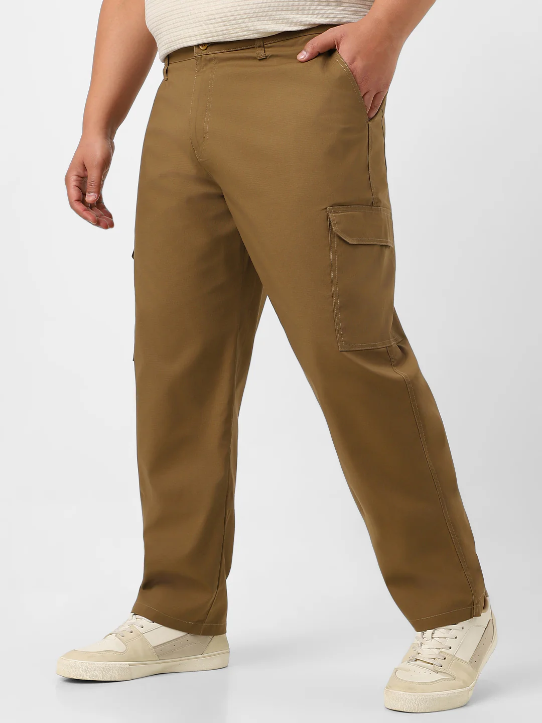 Plus Men's Khaki Regular Fit Solid Cargo Chino Pant With 6 Pockets - Image 2
