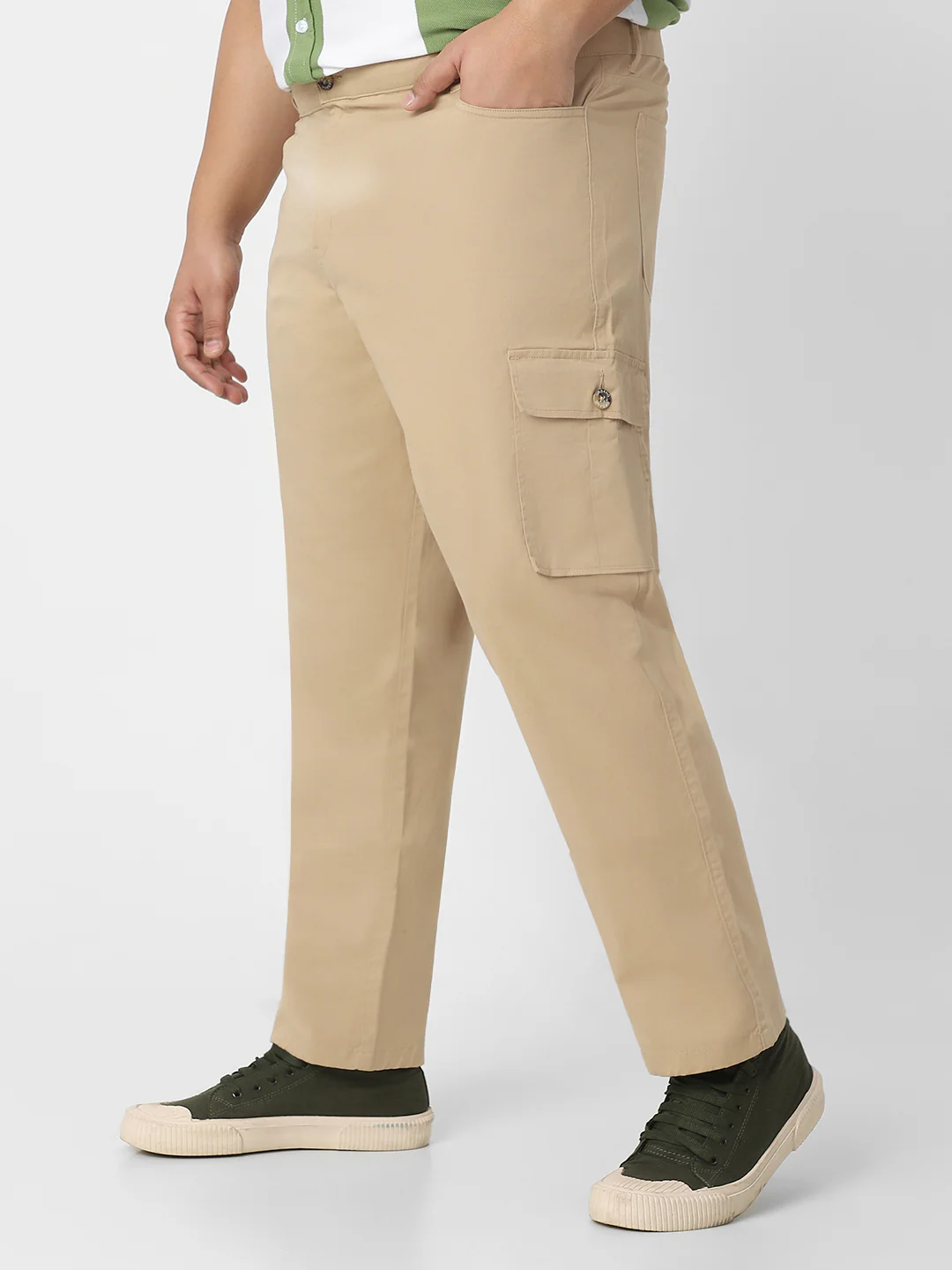 Plus Men's Khaki Regular Fit Solid Cargo Chino Pant with 6 Pockets Stretchable - Image 2