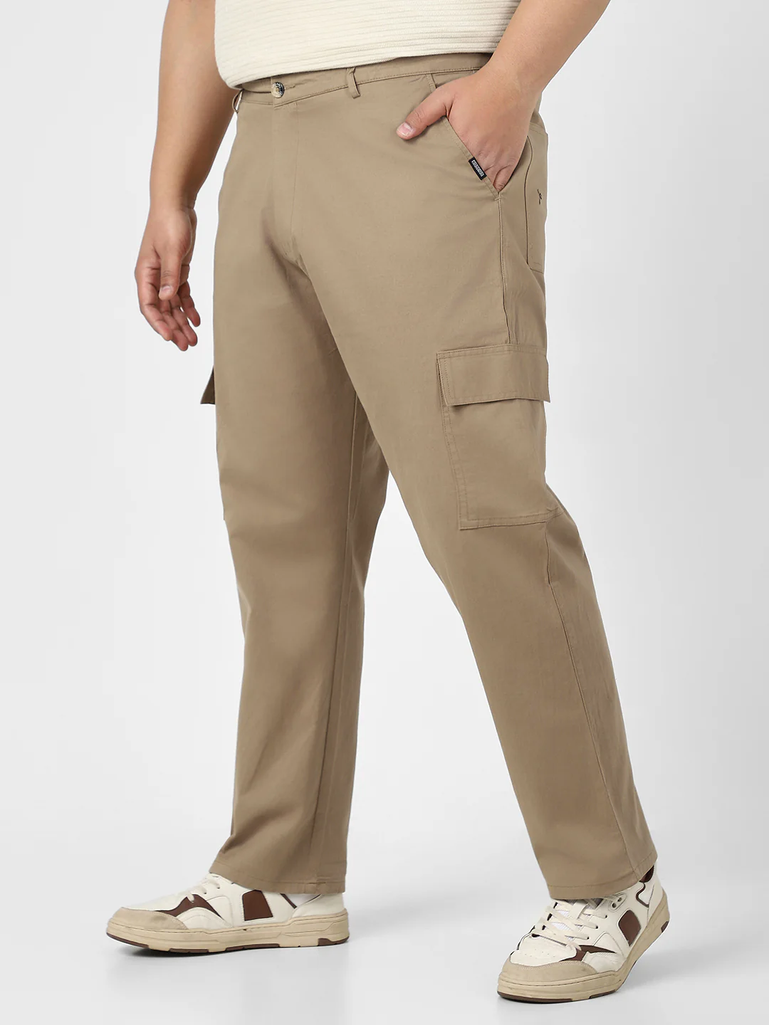 Plus Men's Khaki Regular Fit Solid Cargo Chino Pant with 6 Pockets Stretchable - Image 2