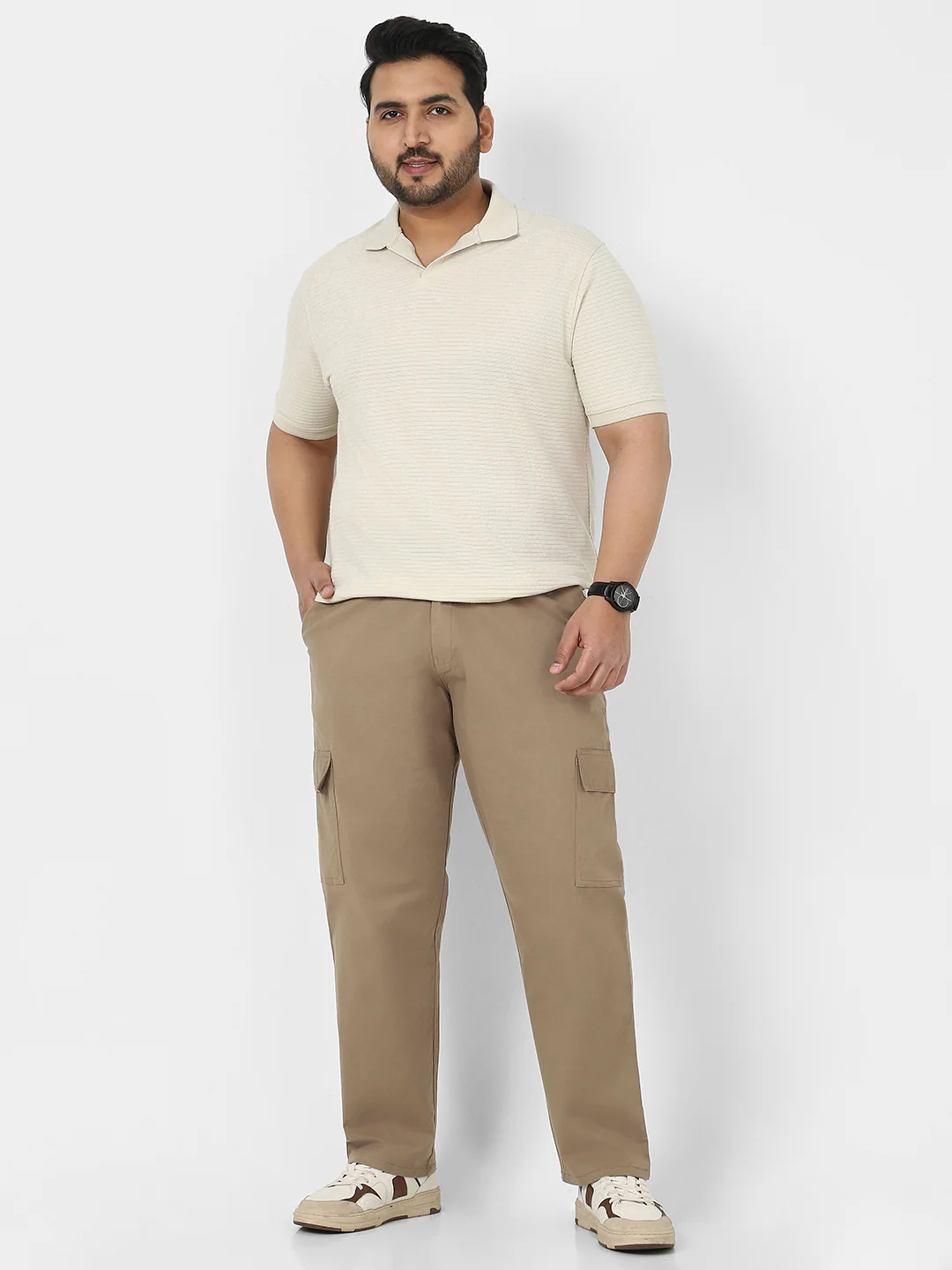 Plus Men's Khaki Regular Fit Solid Cargo Chino Pant with 6 Pockets Stretchable - Image 4