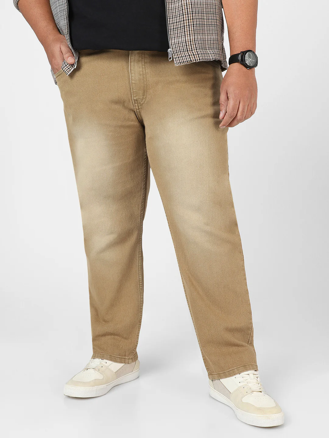 Plus Men's Khaki Regular Fit Washed Jeans Stretchable - Image 2