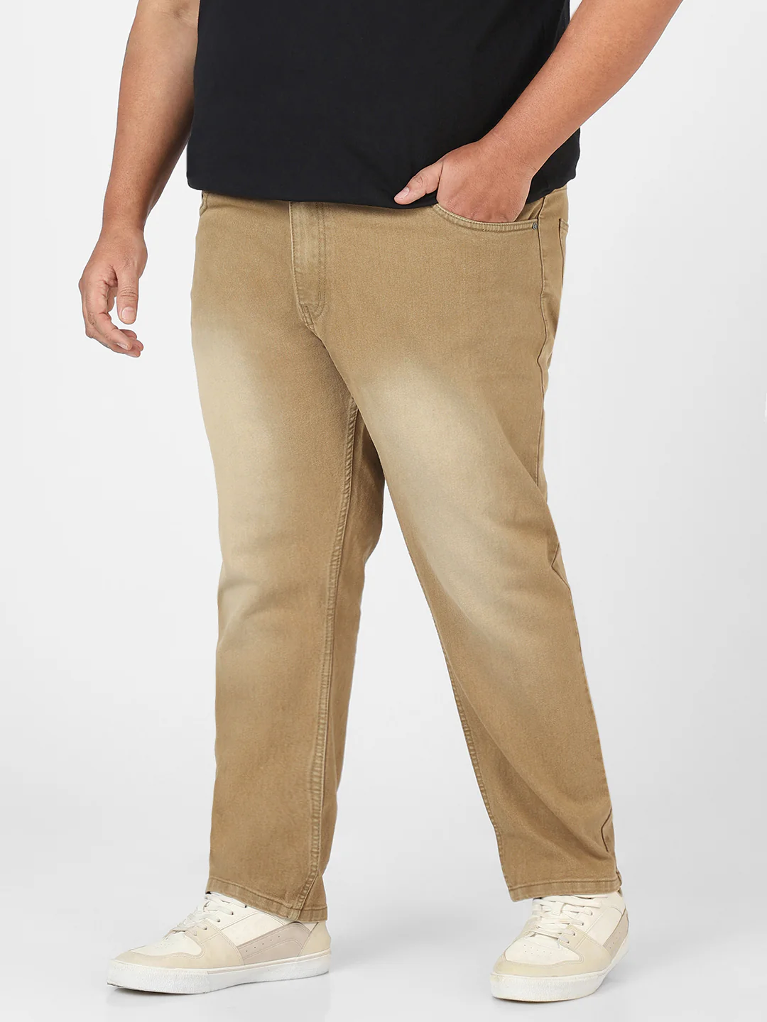 Plus Men's Khaki Regular Fit Washed Jeans Stretchable - Image 3