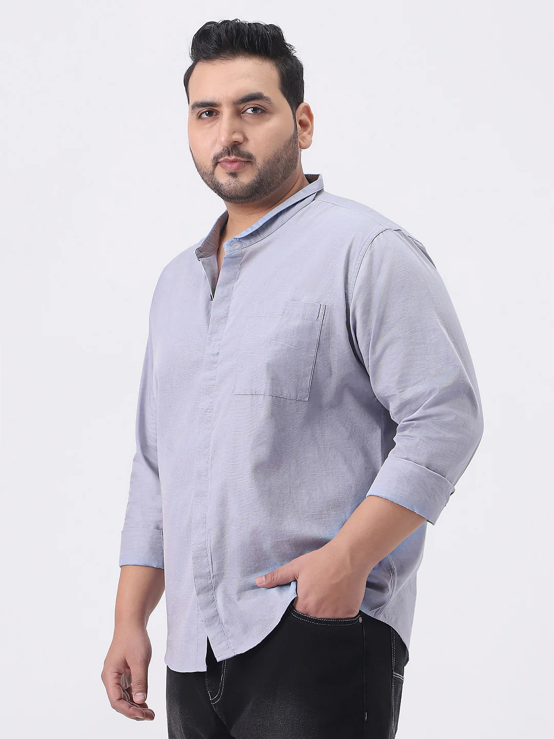 Plus Men's Lavender Cotton Full Sleeve Regular Fit Casual Solid Shirt with Band Collar - Image 2