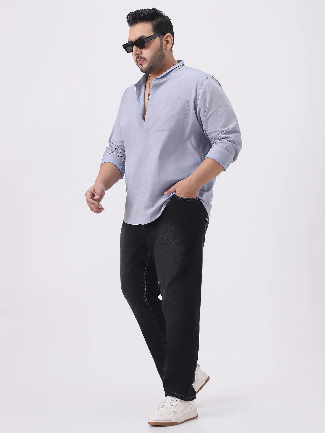 Plus Men's Lavender Cotton Full Sleeve Regular Fit Casual Solid Shirt with Band Collar - Image 4