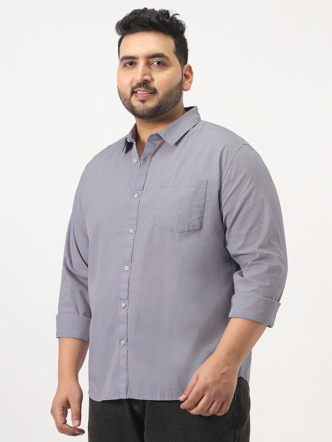 Plus Men's Lavender Cotton Full Sleeve Regular Fit Casual Solid Slub Shirt with Spread Collar - Image 2