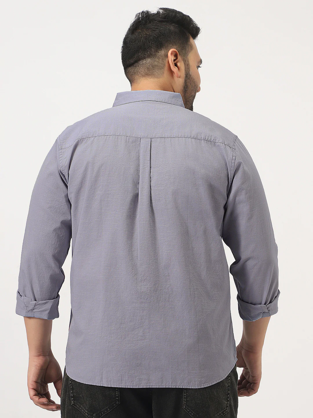 Plus Men's Lavender Cotton Full Sleeve Regular Fit Casual Solid Slub Shirt with Spread Collar - Image 3