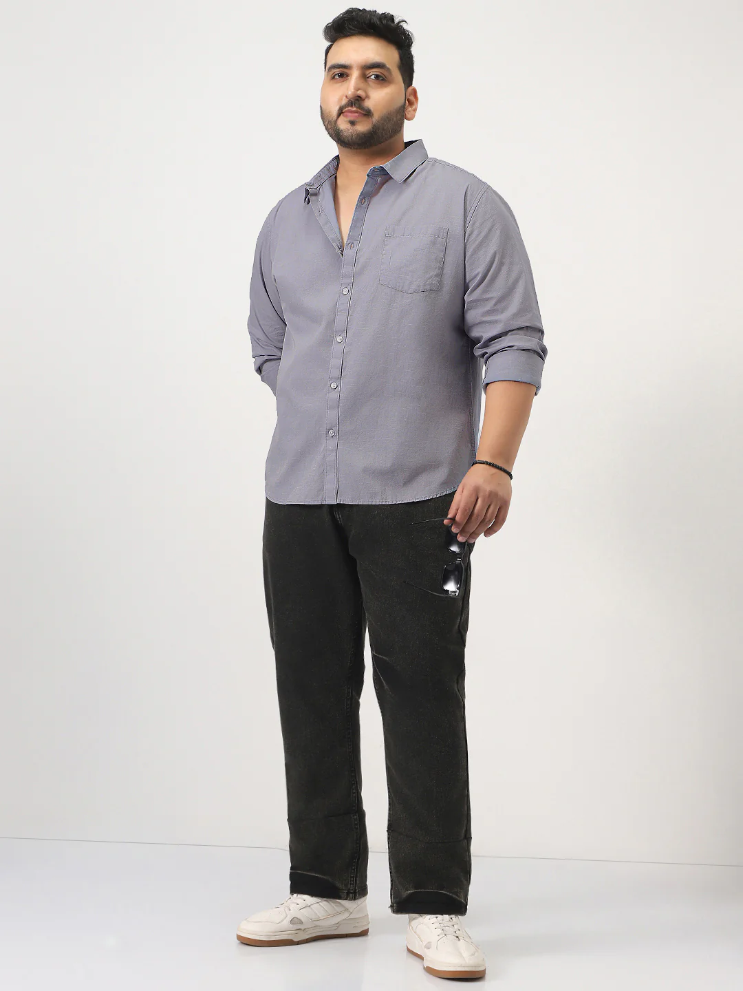 Plus Men's Lavender Cotton Full Sleeve Regular Fit Casual Solid Slub Shirt with Spread Collar - Image 4