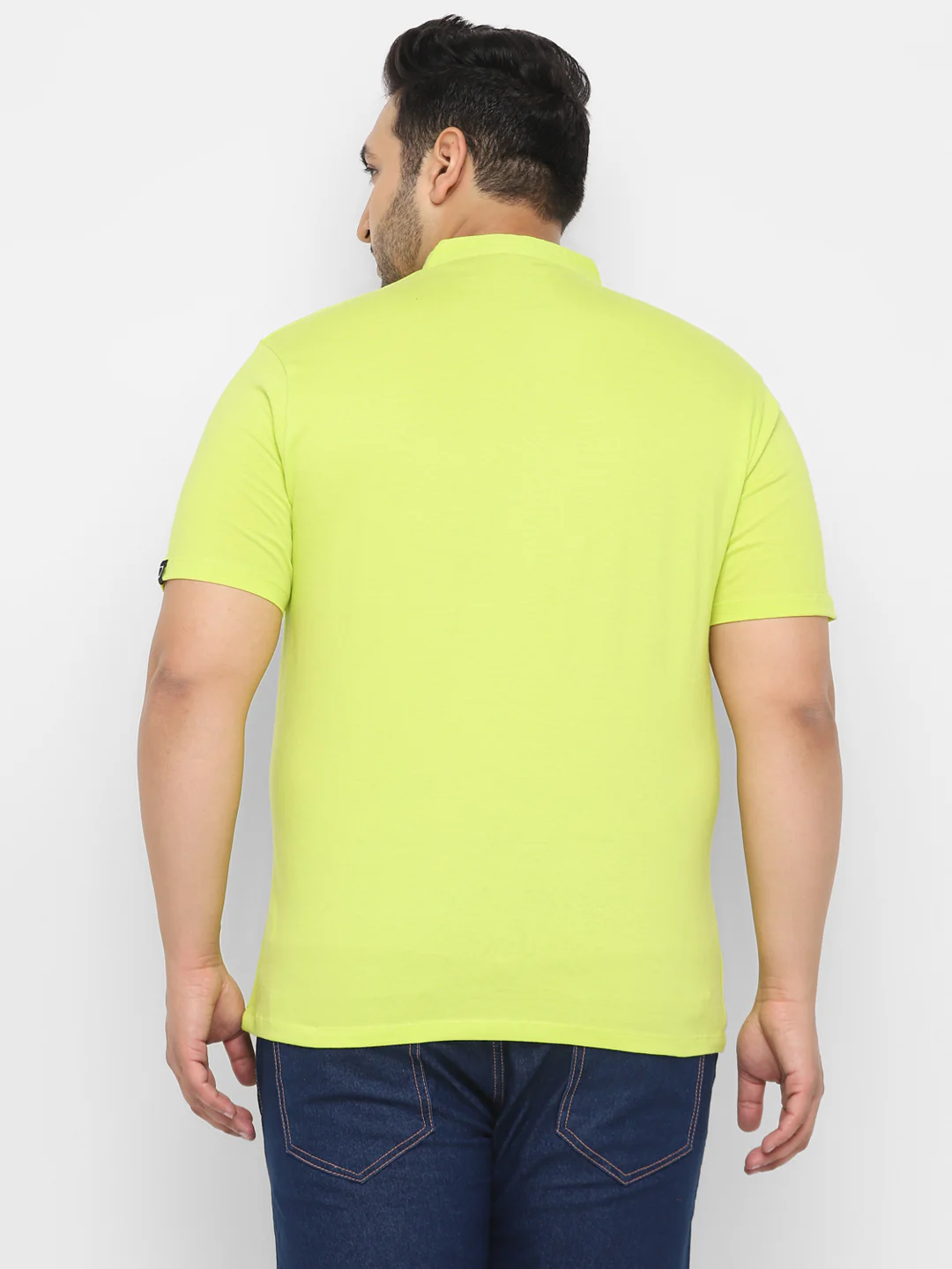 Plus Men's Lemon Yellow Solid Mandarin Collar Regular Fit Cotton T-Shirt - Image 3