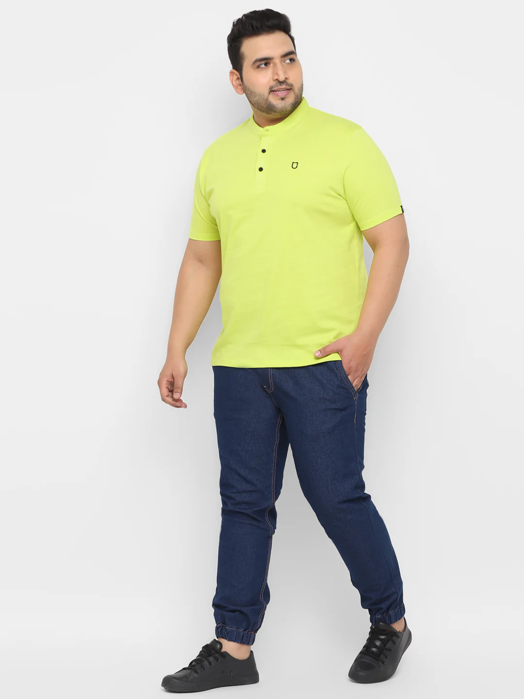 Plus Men's Lemon Yellow Solid Mandarin Collar Regular Fit Cotton T-Shirt - Image 4