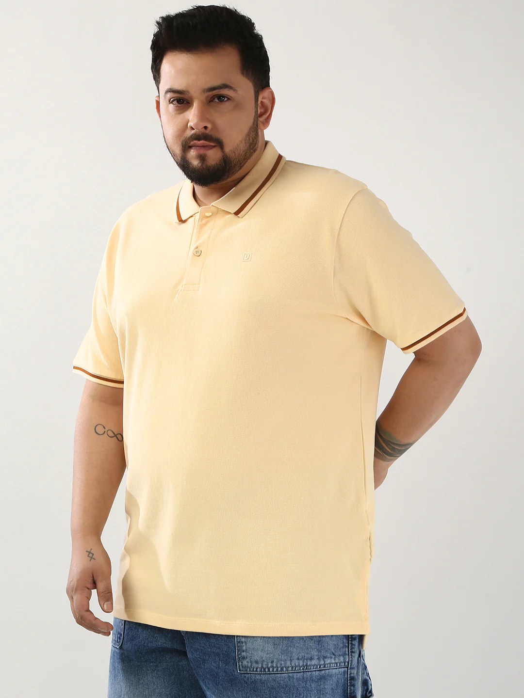 Plus Men's Light Beige Solid Regular Fit Half Sleeve Cotton Polo T-Shirt - Image 2