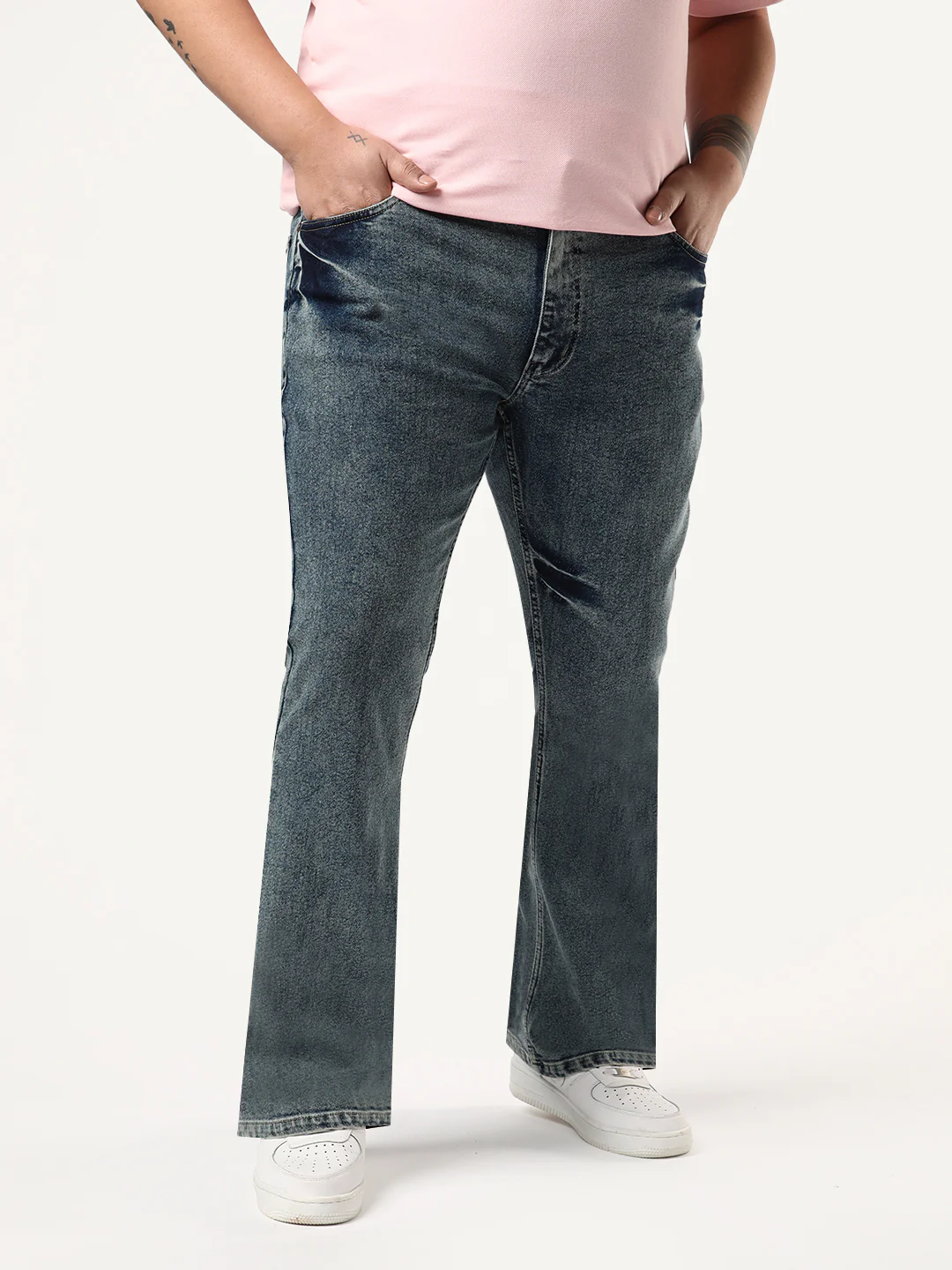 Plus Men's Light Blue Bootcut Fit Mid Rise Acid Wash Jeans Stretchable - Image 2