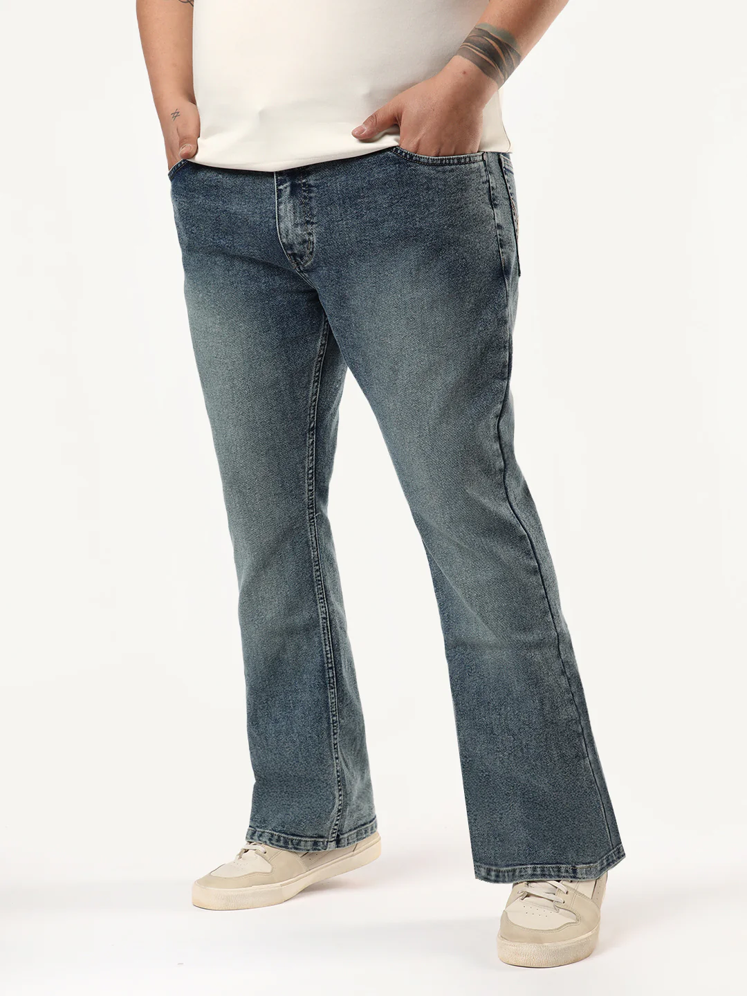 Plus Men's Light Blue Bootcut Fit Mid Rise Tinted Heavy Washed Jeans Stretchable - Image 2