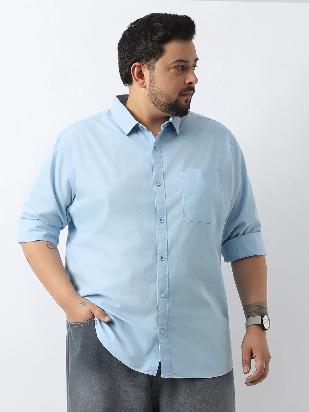 Plus Men's Light Blue Cotton Full Sleeve Regular Fit Casual Solid Shirt - Image 2
