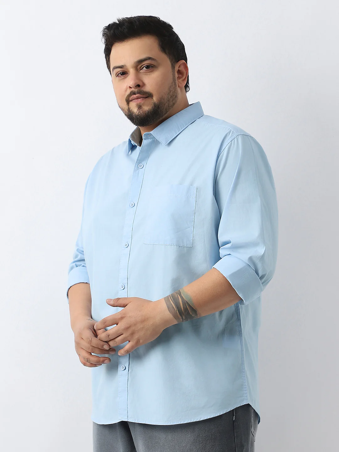 Plus Men's Light Blue Cotton Full Sleeve Regular Fit Casual Solid Shirt - Image 3