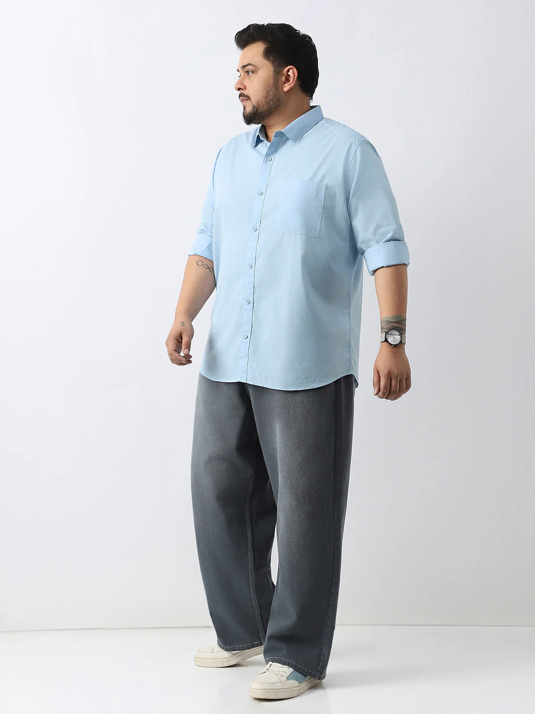 Plus Men's Light Blue Cotton Full Sleeve Regular Fit Casual Solid Shirt - Image 5