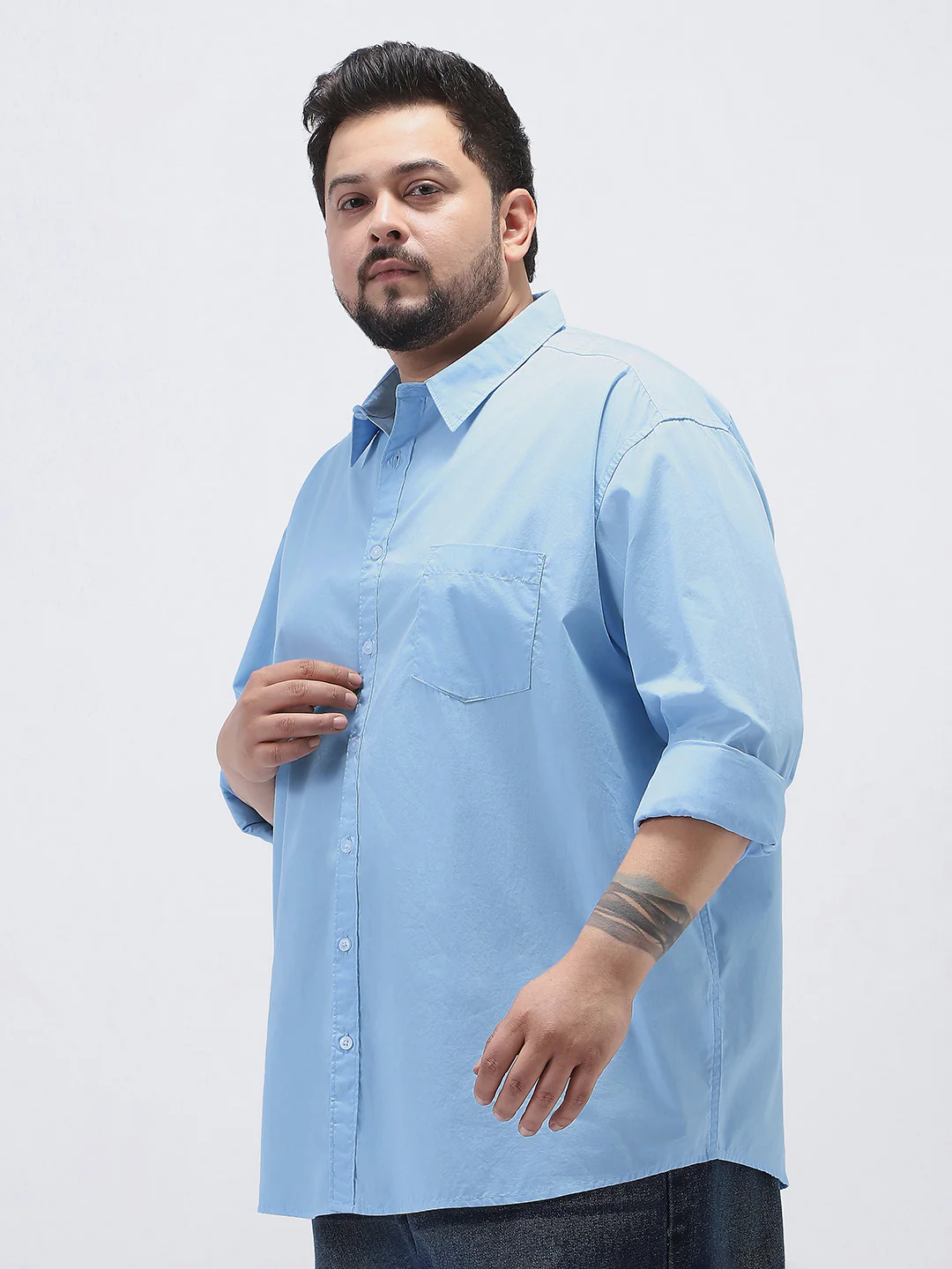 Plus Men's Light Blue Cotton Full Sleeve Regular Fit Casual Solid Shirt - Image 2