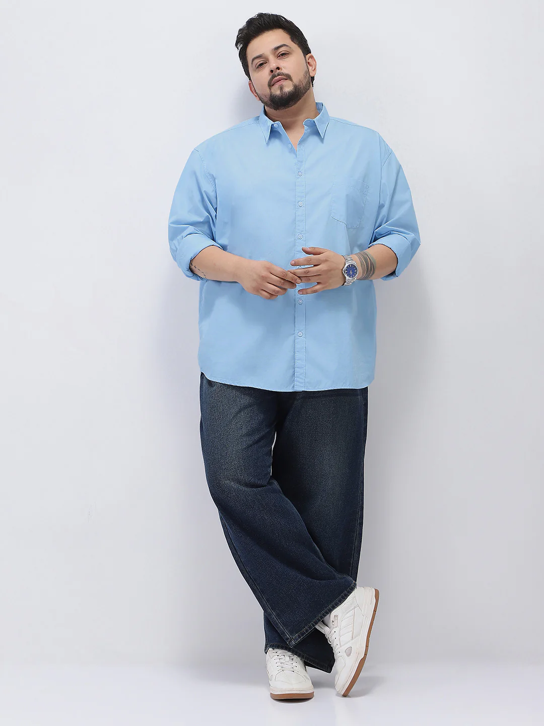 Plus Men's Light Blue Cotton Full Sleeve Regular Fit Casual Solid Shirt - Image 4