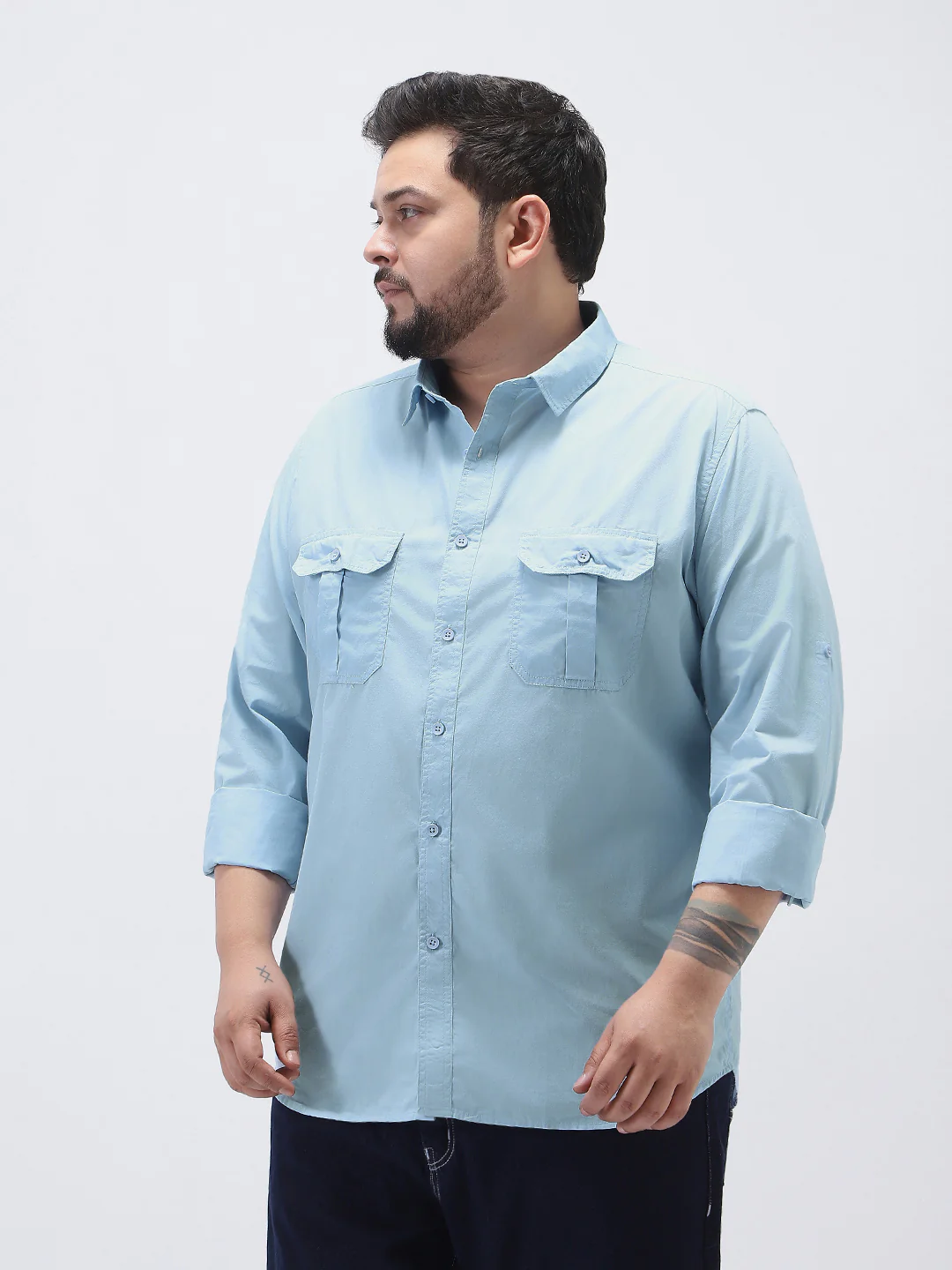 Plus Men's Light Blue Cotton Full Sleeve Regular Fit Casual Solid Shirt - Image 2
