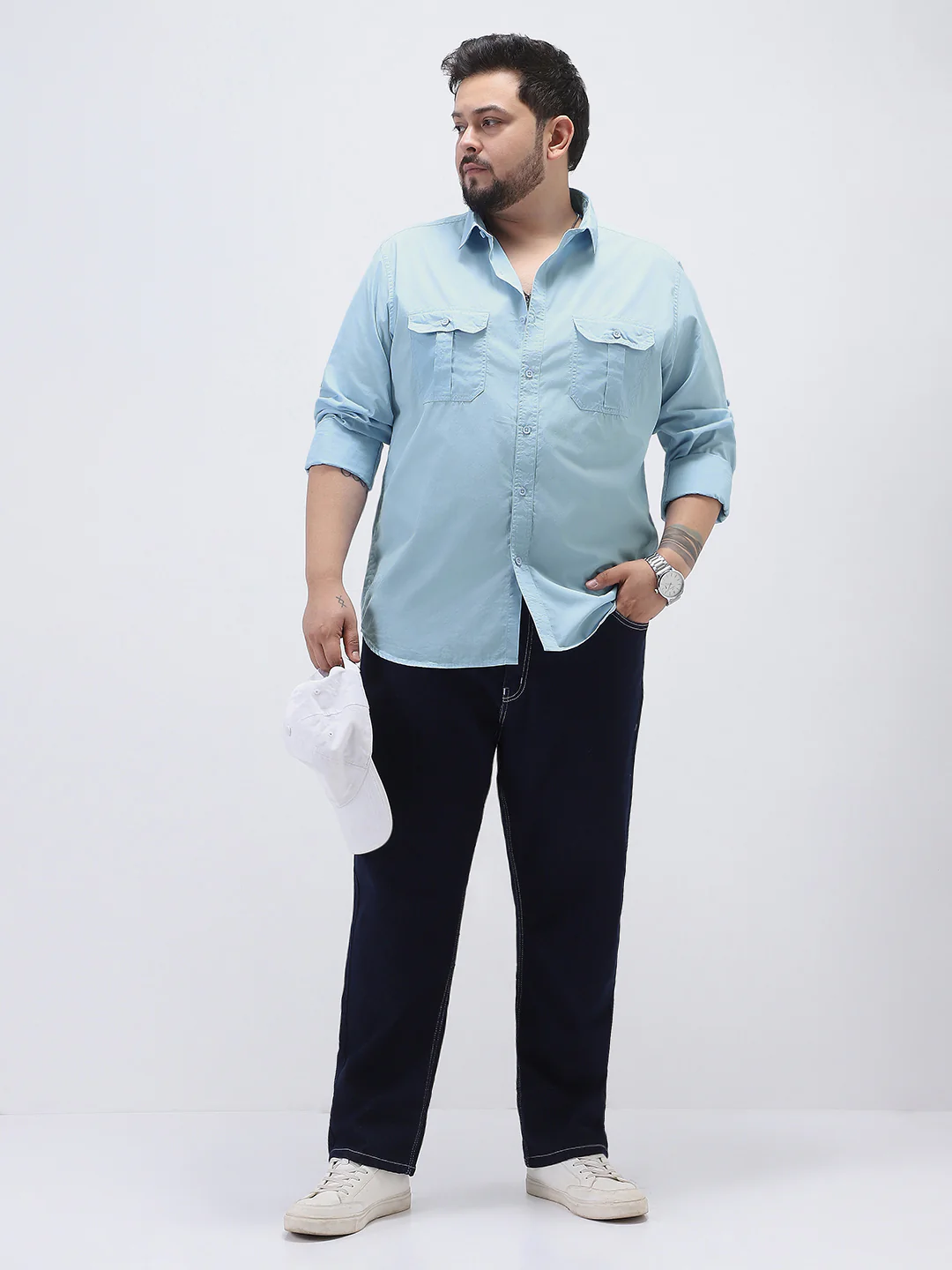 Plus Men's Light Blue Cotton Full Sleeve Regular Fit Casual Solid Shirt - Image 4