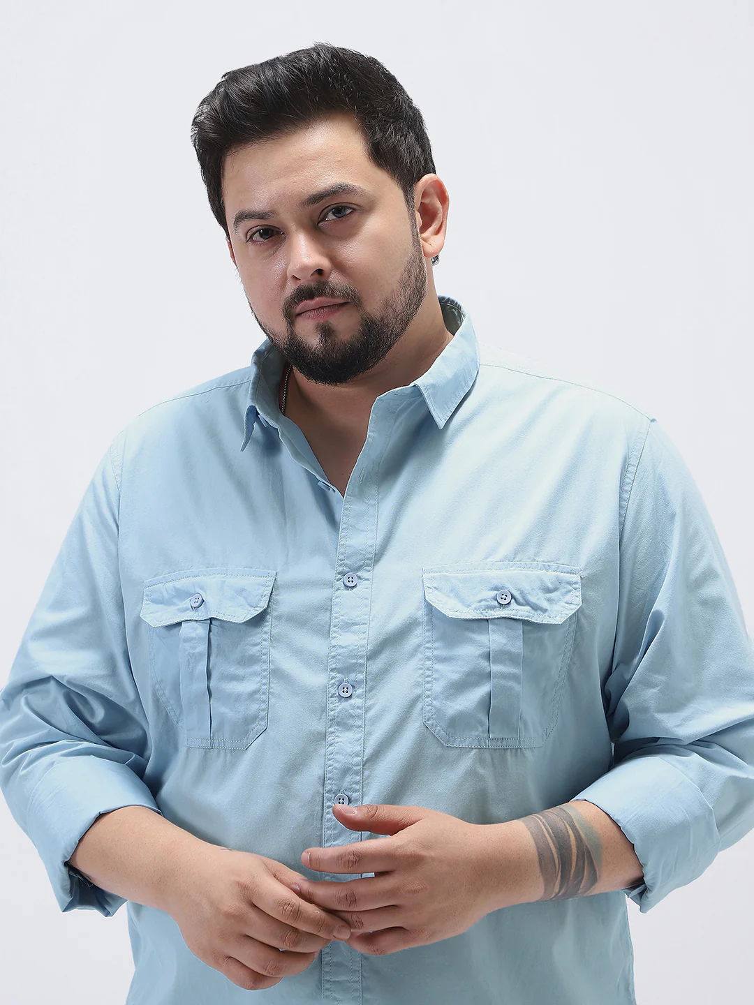 Plus Men's Light Blue Cotton Full Sleeve Regular Fit Casual Solid Shirt - Image 5