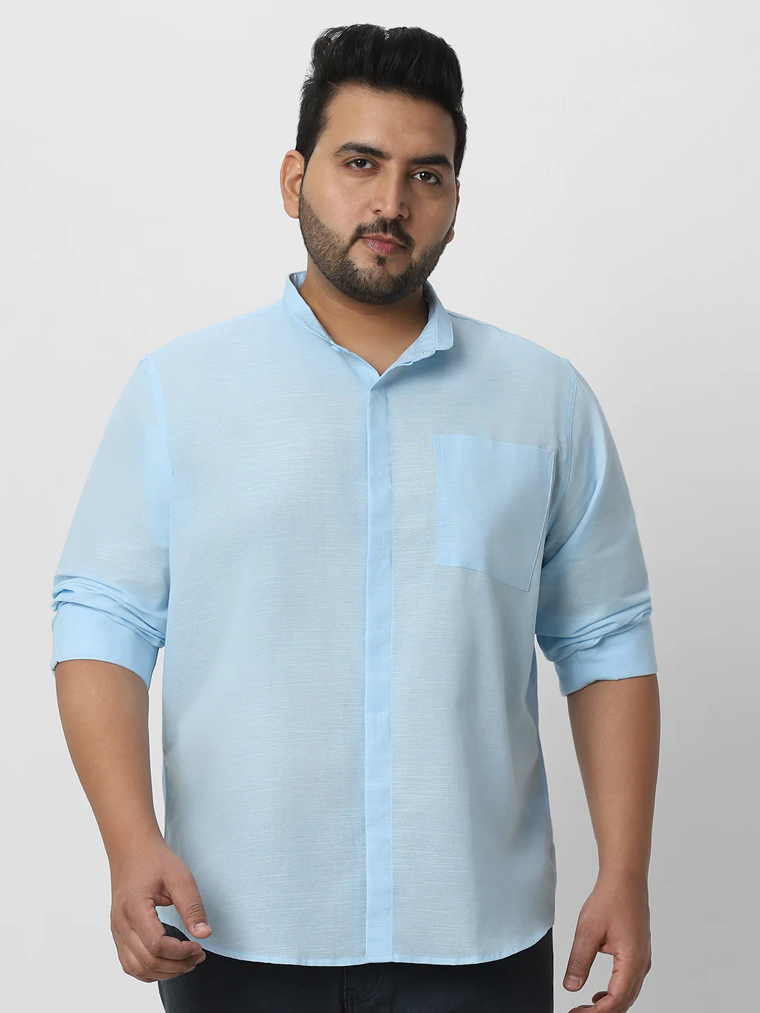 Men's Light Blue Cotton Full Sleeve Regular Fit Casual Solid Shirt with Band Collar - Image 3