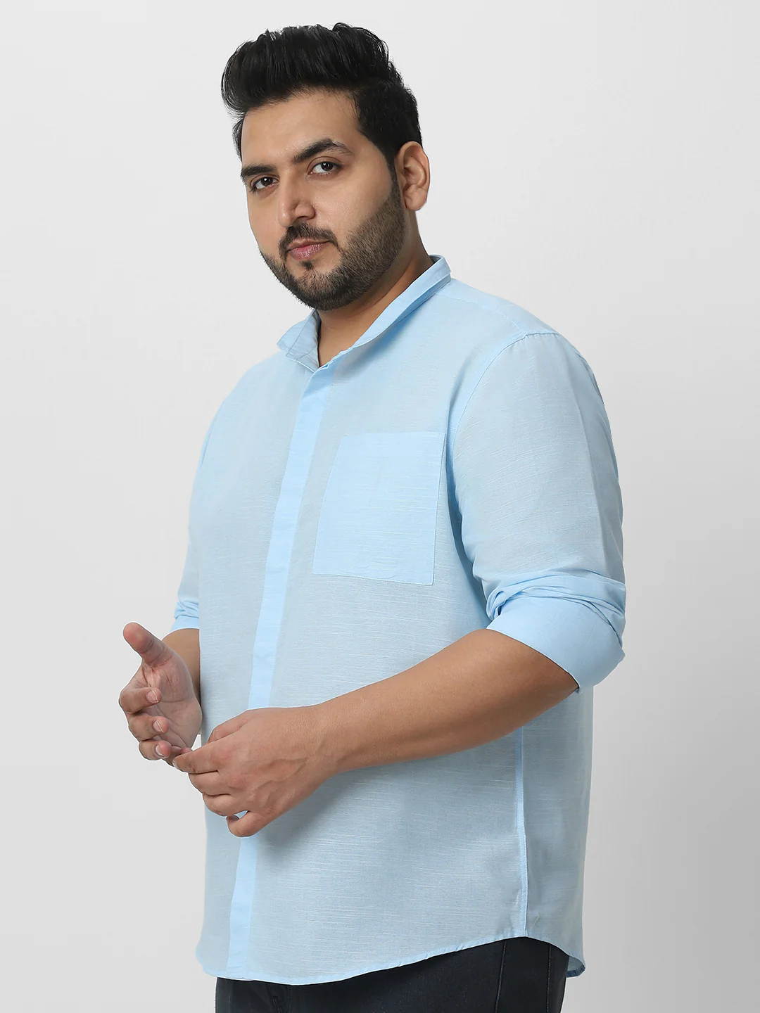 Men's Light Blue Cotton Full Sleeve Regular Fit Casual Solid Shirt with Band Collar - Image 4
