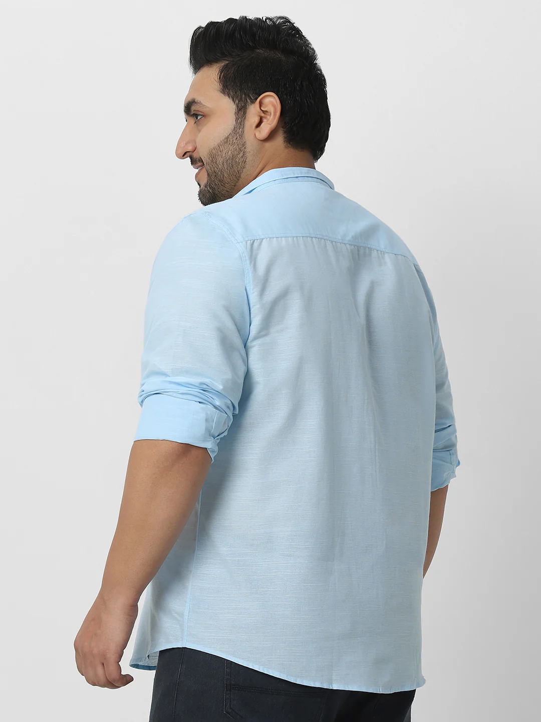 Men's Light Blue Cotton Full Sleeve Regular Fit Casual Solid Shirt with Band Collar - Image 5