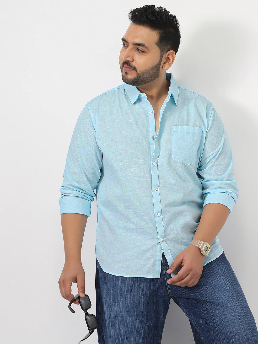 Plus Men's Light Blue Cotton Full Sleeve Regular Fit Casual Solid Slub Shirt with Spread Collar