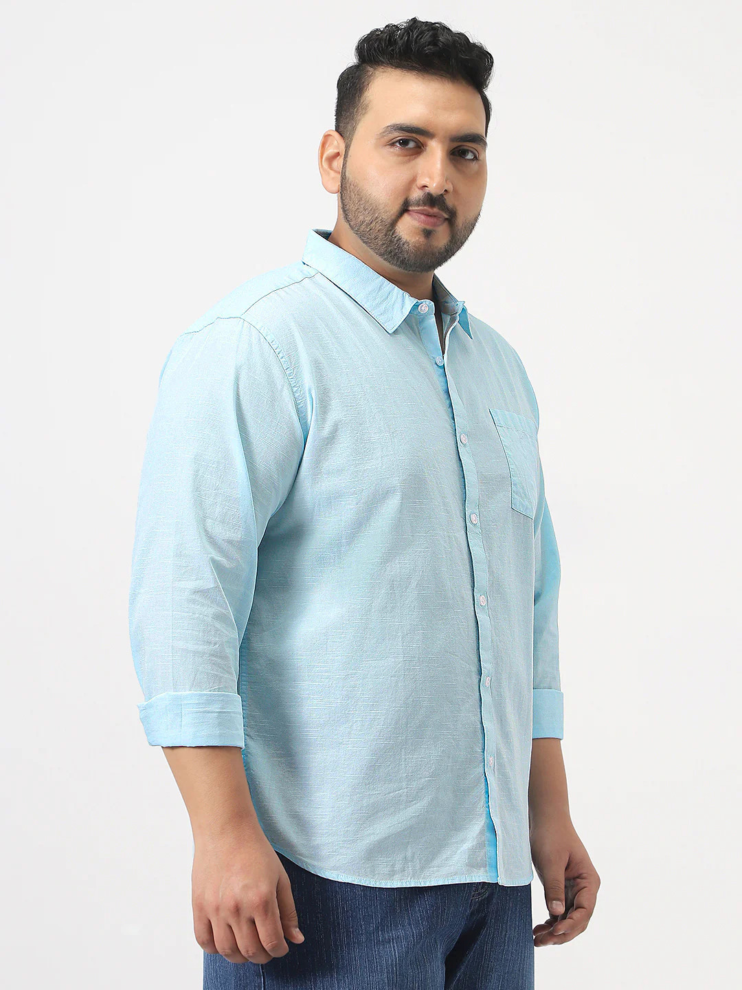 Plus Men's Light Blue Cotton Full Sleeve Regular Fit Casual Solid Slub Shirt with Spread Collar - Image 2