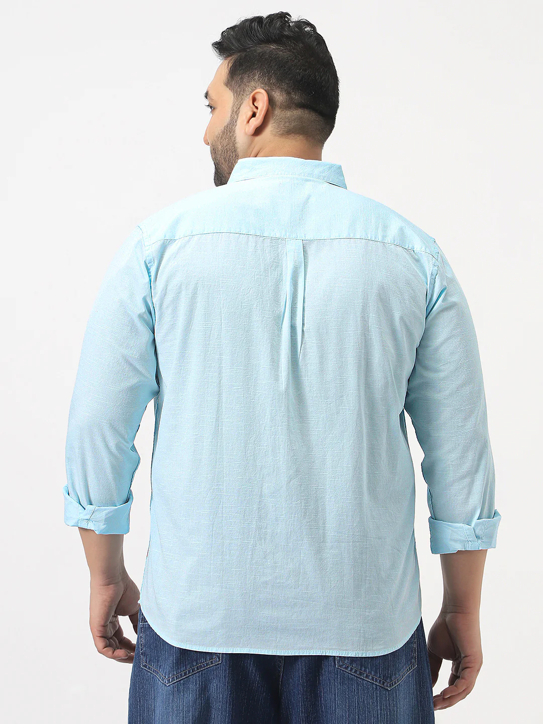 Plus Men's Light Blue Cotton Full Sleeve Regular Fit Casual Solid Slub Shirt with Spread Collar - Image 3