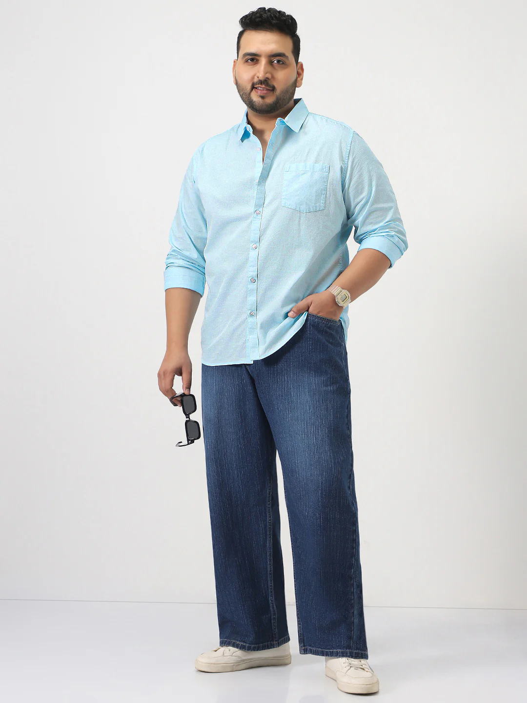 Plus Men's Light Blue Cotton Full Sleeve Regular Fit Casual Solid Slub Shirt with Spread Collar - Image 4