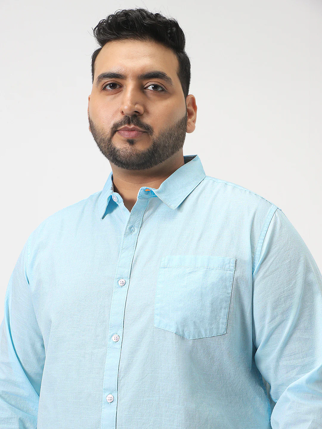 Plus Men's Light Blue Cotton Full Sleeve Regular Fit Casual Solid Slub Shirt with Spread Collar - Image 5