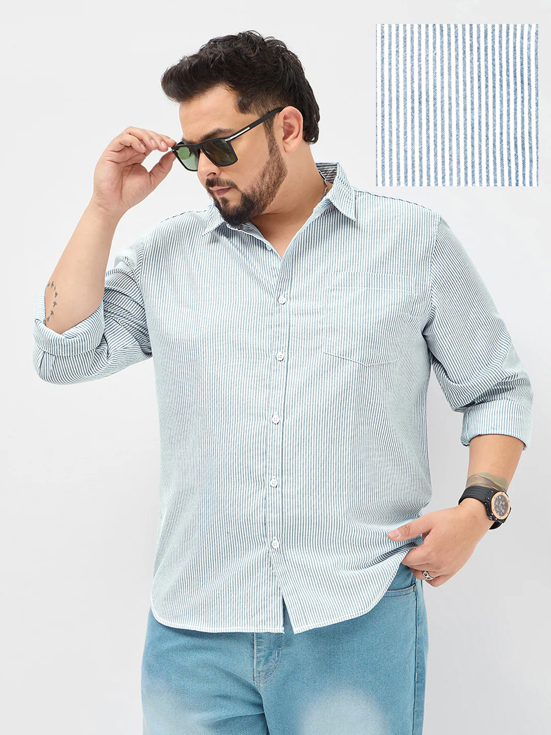 Plus Men's Light Blue Cotton Full Sleeve Regular Fit Casual Striped Shirt
