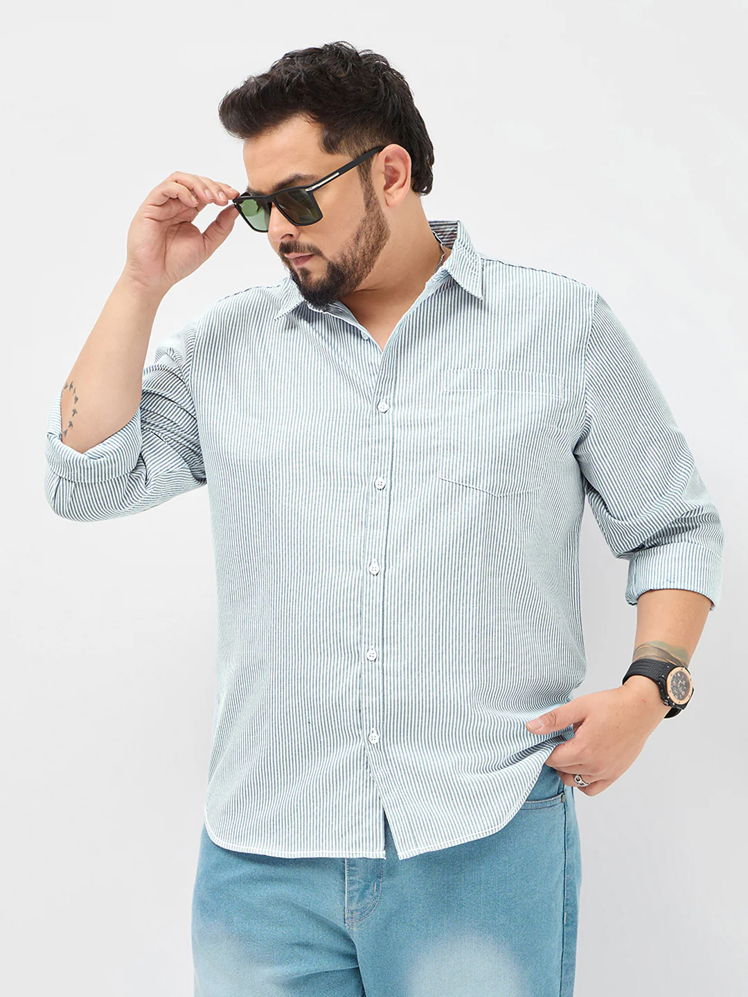 Plus Men's Light Blue Cotton Full Sleeve Regular Fit Casual Striped Shirt - Image 2