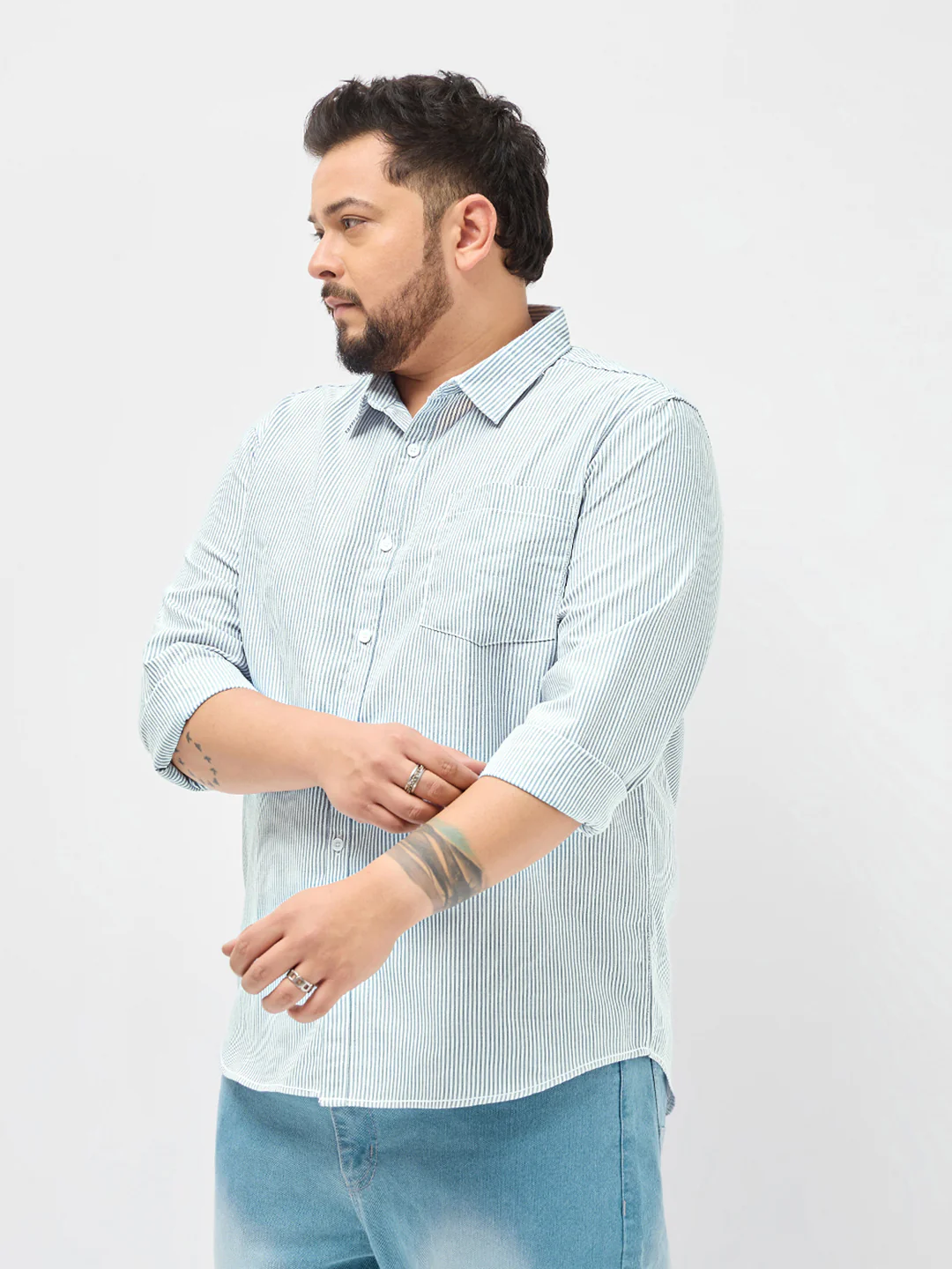 Plus Men's Light Blue Cotton Full Sleeve Regular Fit Casual Striped Shirt - Image 3