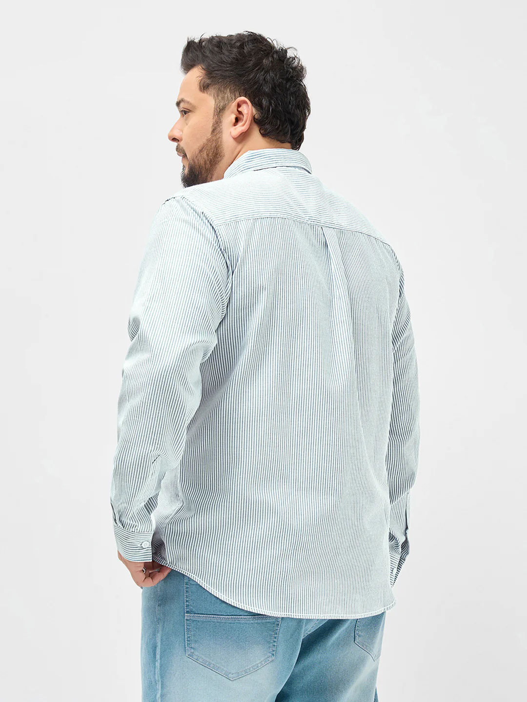 Plus Men's Light Blue Cotton Full Sleeve Regular Fit Casual Striped Shirt - Image 4
