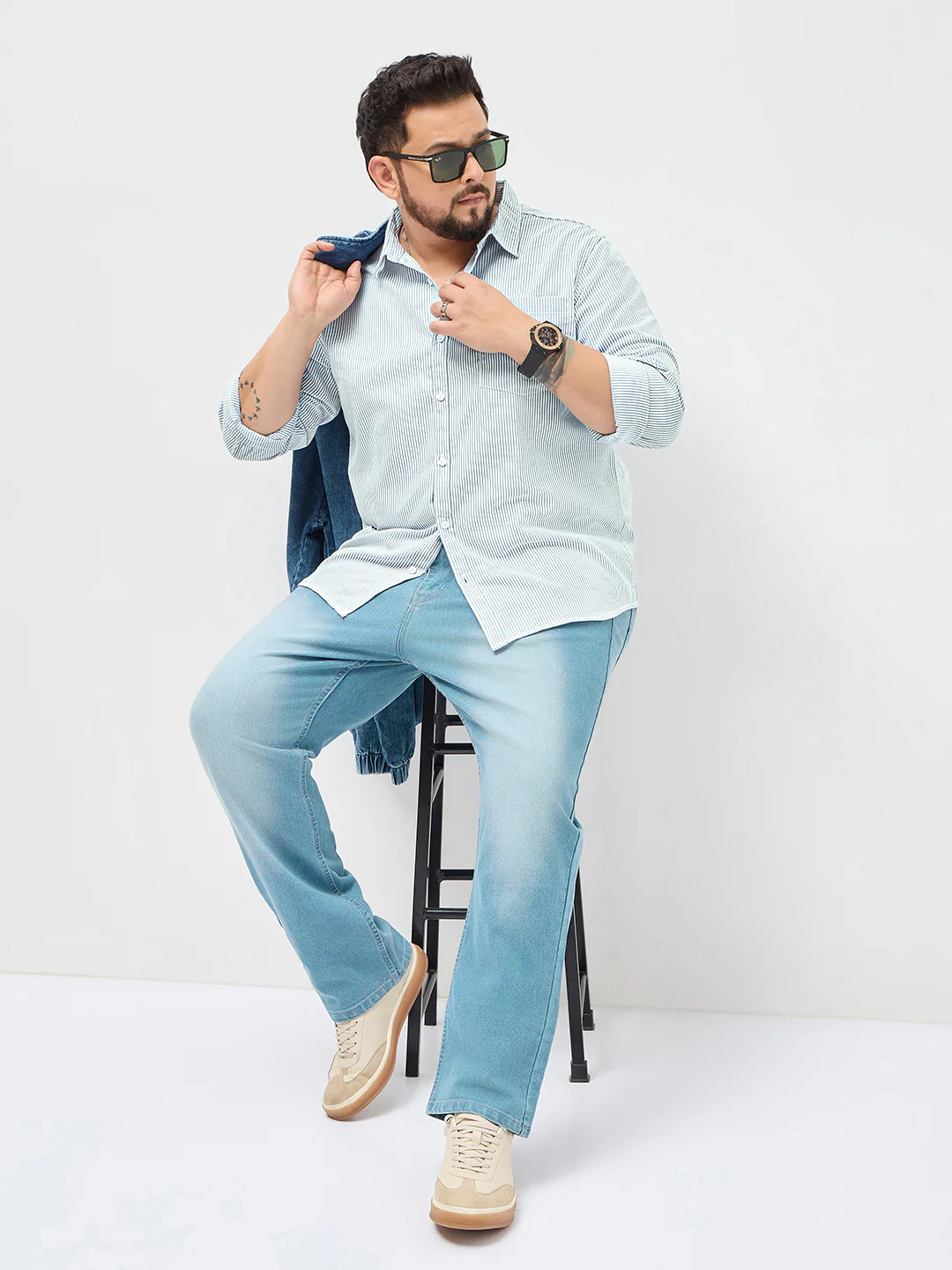 Plus Men's Light Blue Cotton Full Sleeve Regular Fit Casual Striped Shirt - Image 5