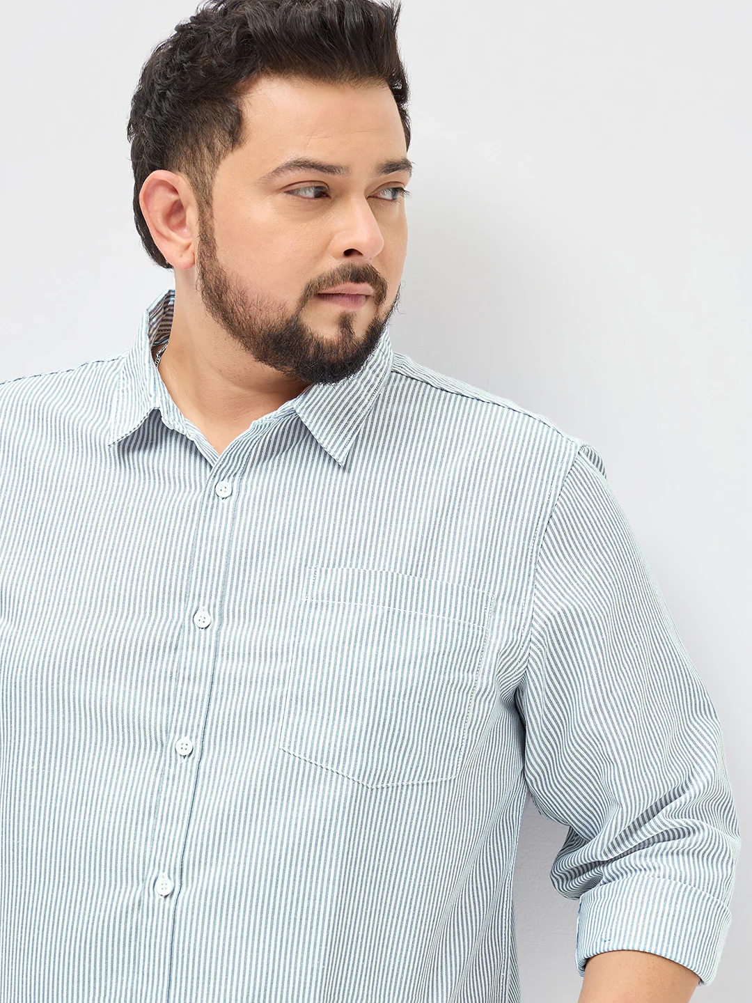 Plus Men's Light Blue Cotton Full Sleeve Regular Fit Casual Striped Shirt - Image 6